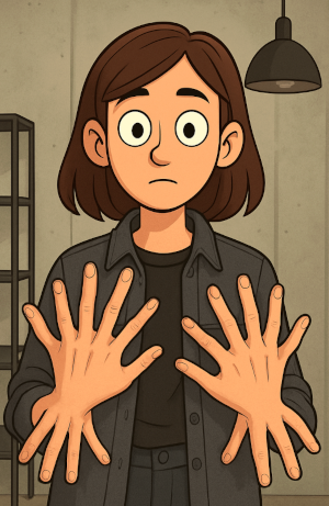 Cartoon of a wide-eyed person holding up two hands with far too many fingers